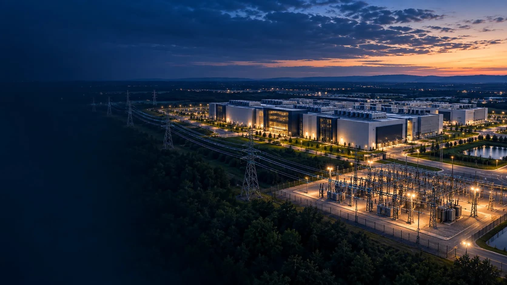A data center campus with high-voltage transmission lines running through the site